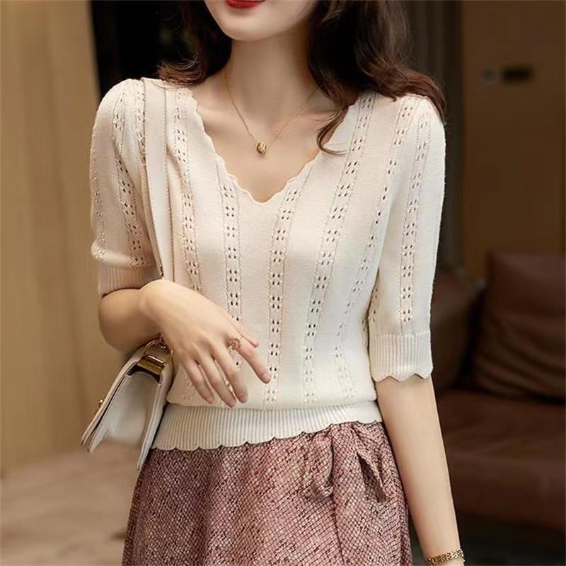 Summer White French Style V-neck Sweater With Short Sleeves
