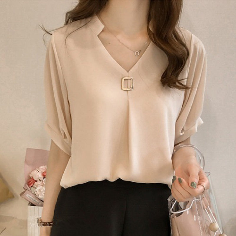 Chiffon Shirt Women's Summer Clothing Fat Sister Plus-sized Plus Size Women's Collar Bottoming Shirt Sneaky Design Short Sleeve Top