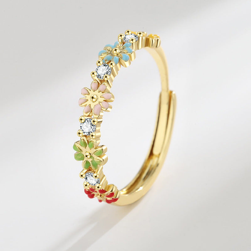Korean Style Elegant Micro Inlaid Zircon Flower Ring