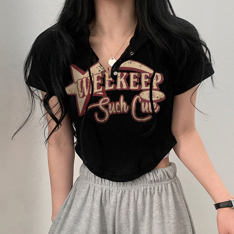 American Preppy Style Fashion Printed Hooded Casual T-shirt Irregular Curved Hem Slimming Versatile Short Top