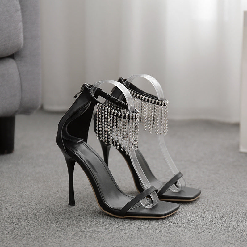 Sexy Fringed Rhinestone Square Toe Stiletto Heel Sandals