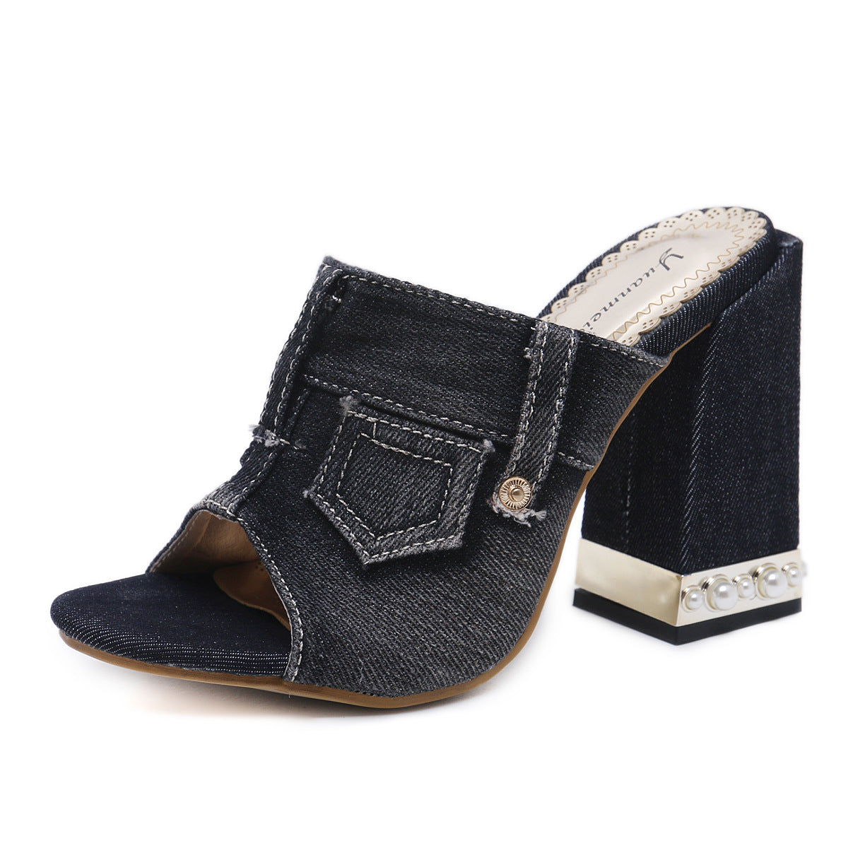 Fashion Casual Thick-Heeled Denim Women'S Shoes High-Heeled Fish Mouth Sandals And Slippers