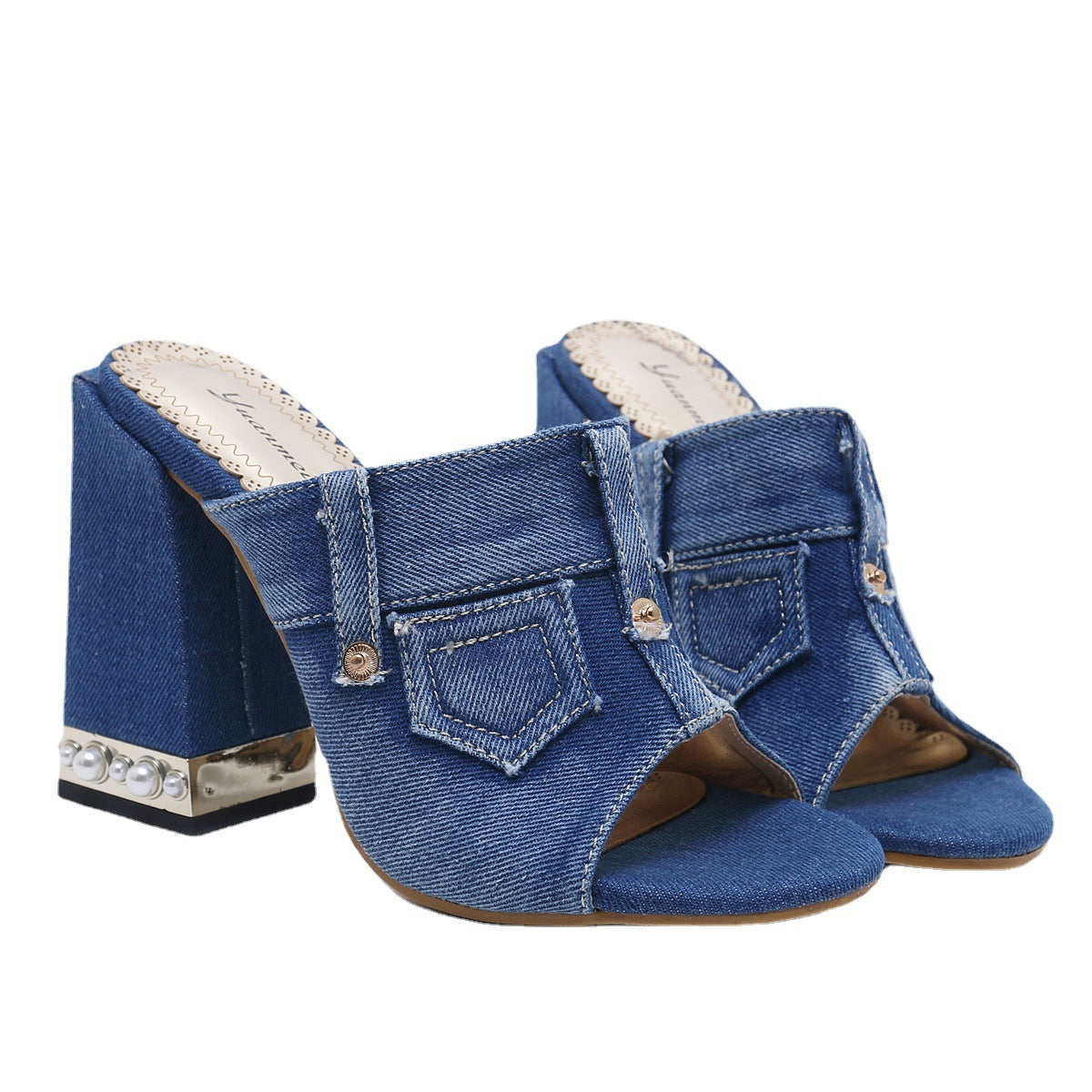 Fashion Casual Thick-Heeled Denim Women'S Shoes High-Heeled Fish Mouth Sandals And Slippers