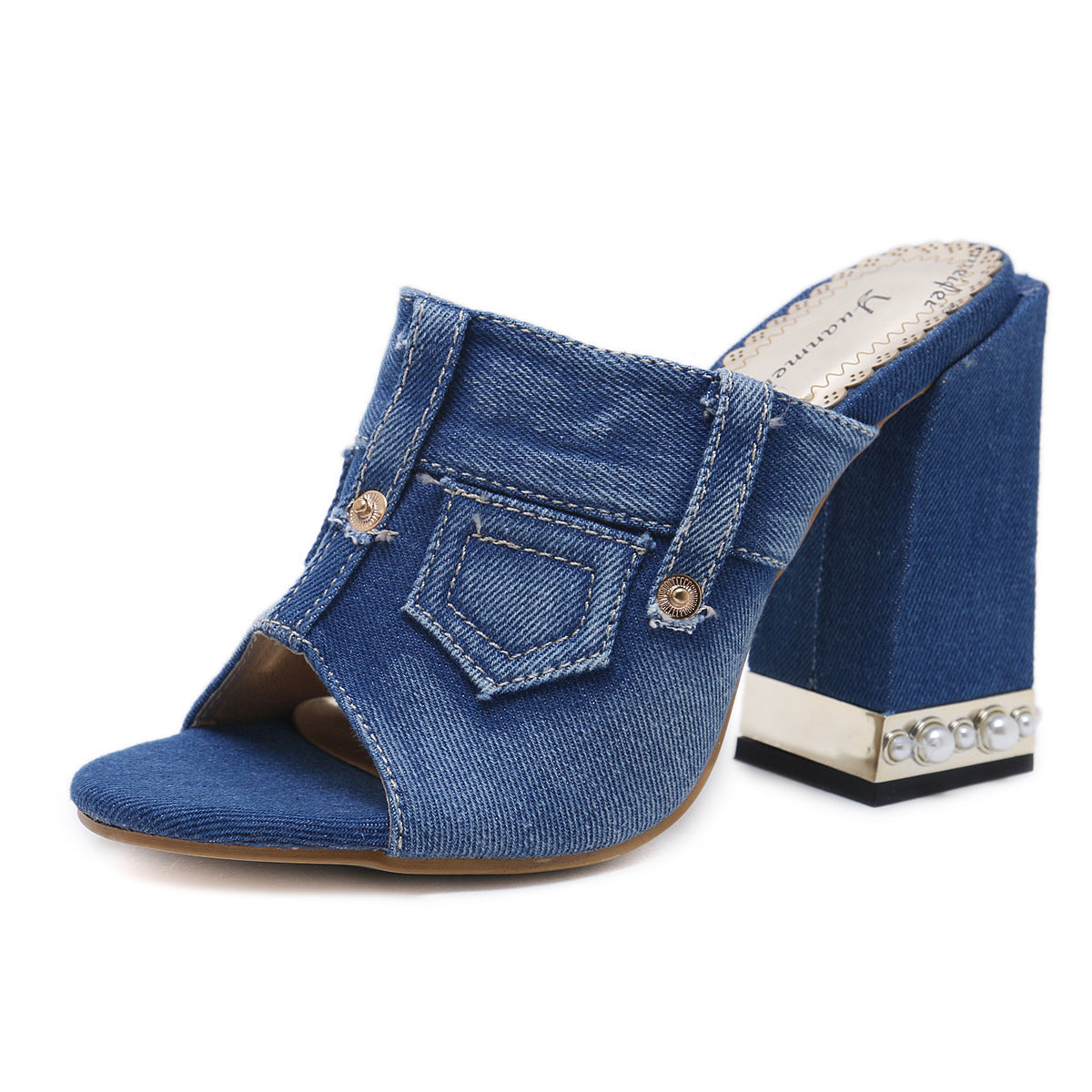 Fashion Casual Thick-Heeled Denim Women'S Shoes High-Heeled Fish Mouth Sandals And Slippers