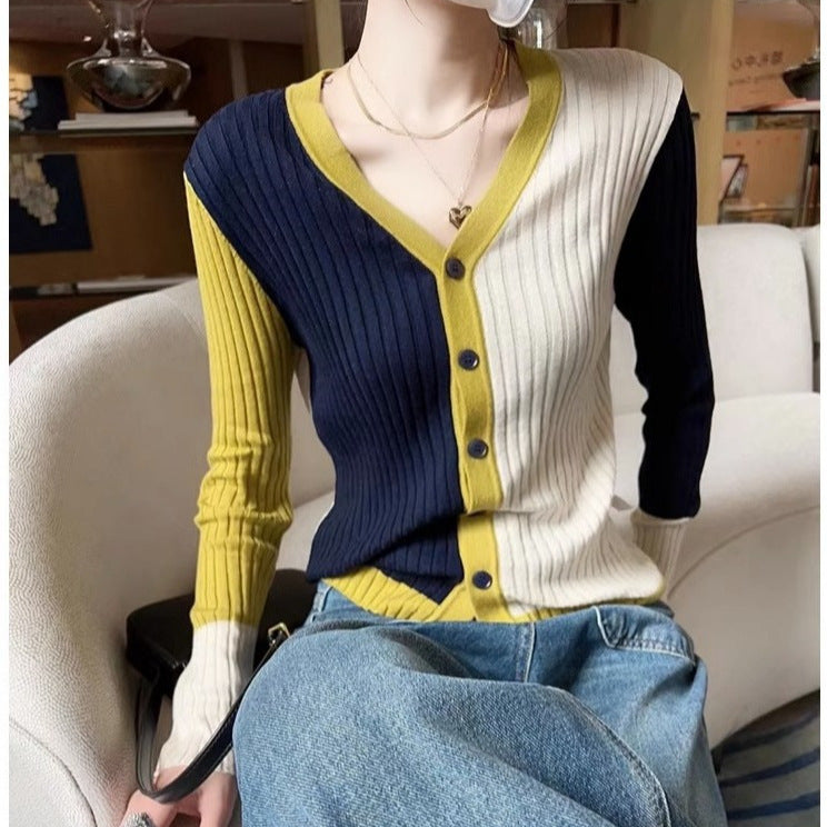 Fashion Special Multicolor V-neck Knitted Cardigan Women