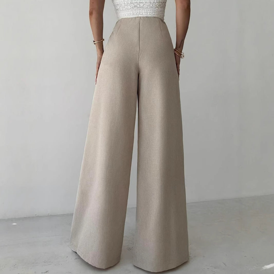 High Waist Beige Metal Buckle Wide Leg Pants