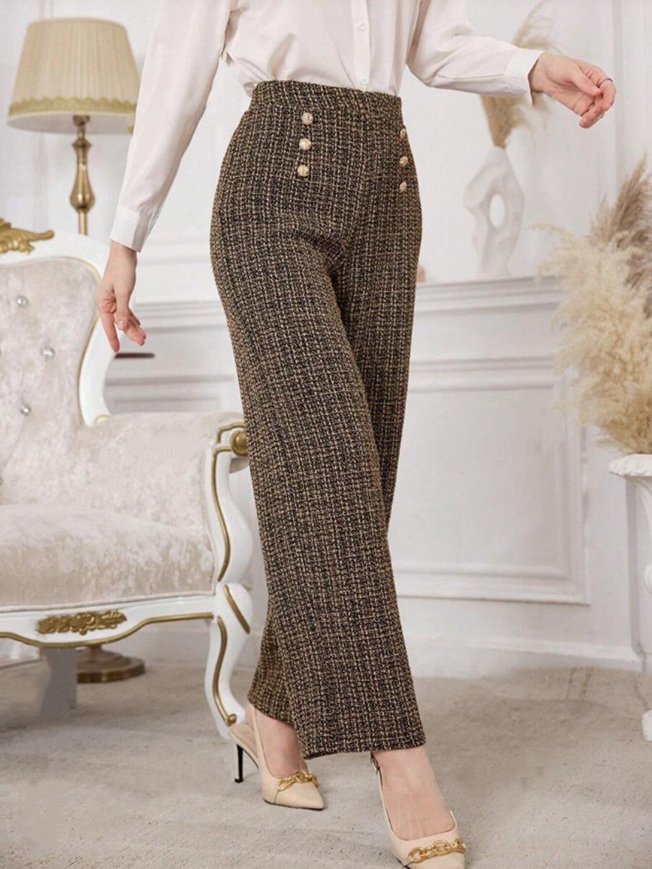 Versatile Classic Style Plaid Double-breasted Tweed High Waist Slimming Wide-leg Pants