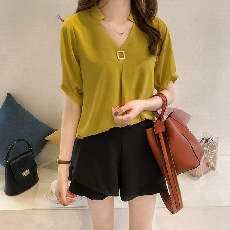 Chiffon Shirt Women's Summer Clothing Fat Sister Plus-sized Plus Size Women's Collar Bottoming Shirt Sneaky Design Short Sleeve Top