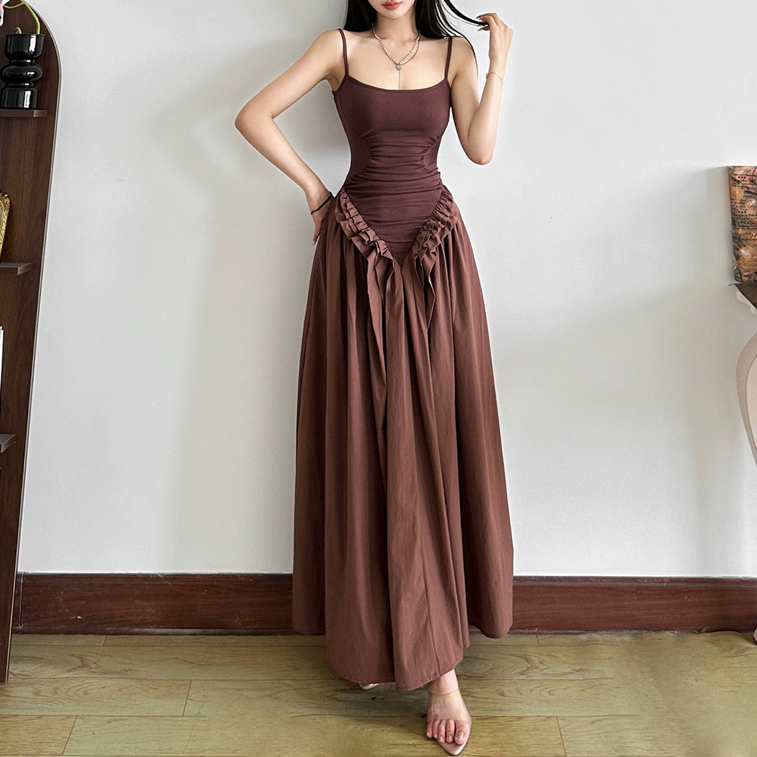 Hot Girl Solid Color Sling Fitted Waist Pleated Large Swing Dress