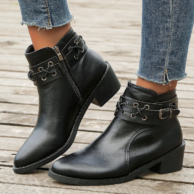 Women's Ankle Pointed-toe Side Zip Thick Heel Rivet Leather Boots