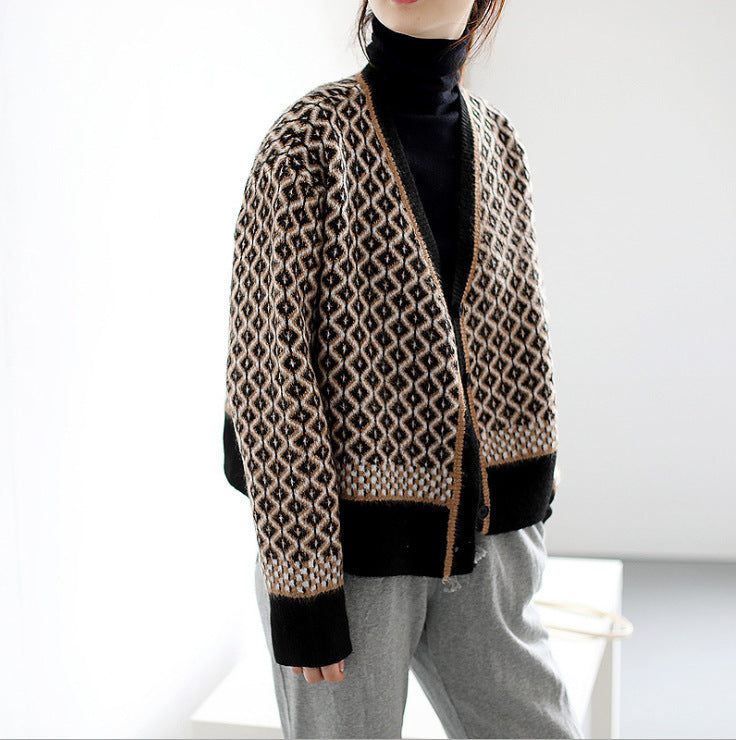 Contrasting Color V-Neck Diamond Knit Cardigan Women