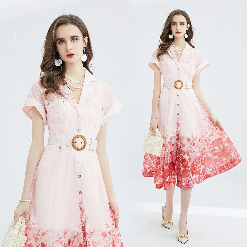 Seaside Vacation Style French Blouse Collar Printed Dress