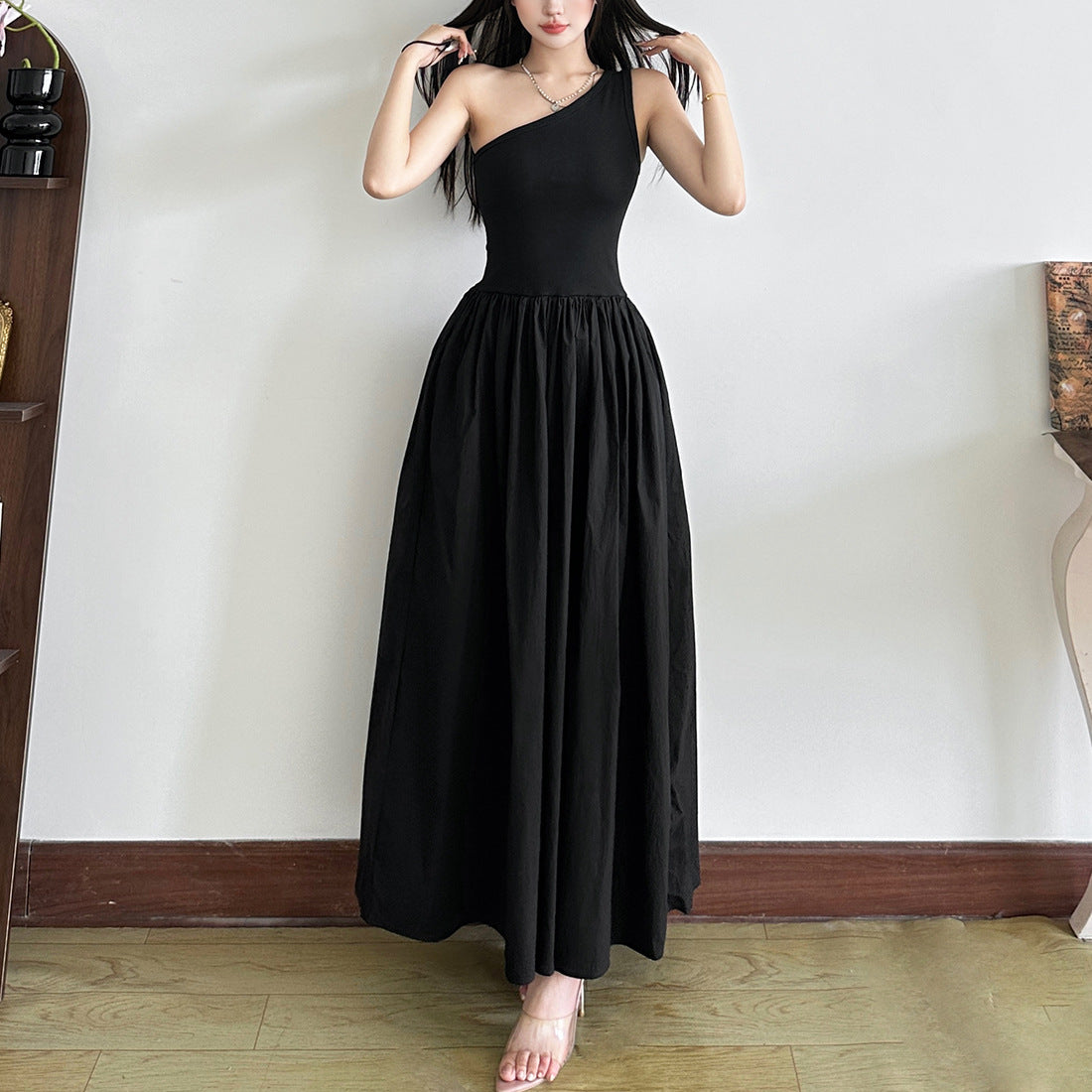 Fashion Women's Wear Waist Slant Shoulder Sleeveless Dress