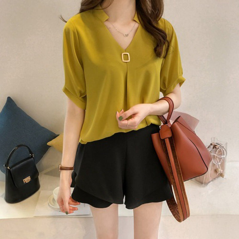 Chiffon Shirt Women's Summer Clothing Fat Sister Plus-sized Plus Size Women's Collar Bottoming Shirt Sneaky Design Short Sleeve Top