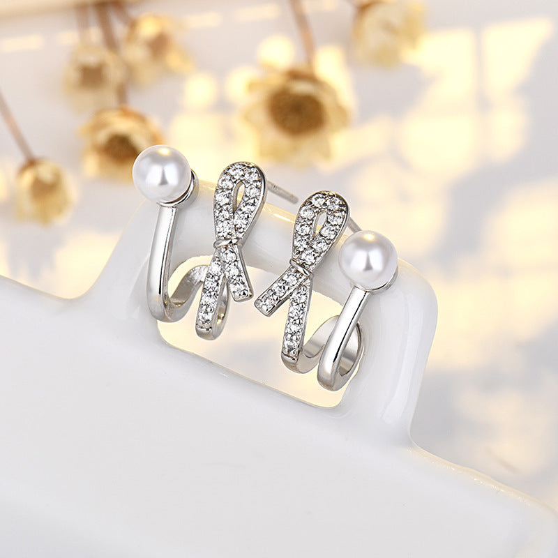Bow Stud Earrings Women's Sterling Silver Needle Simple
