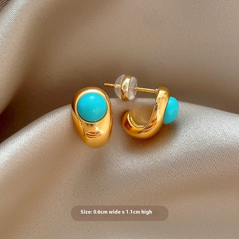 Natural Stone Stud Earrings Round Diamond Gold-plated Earrings