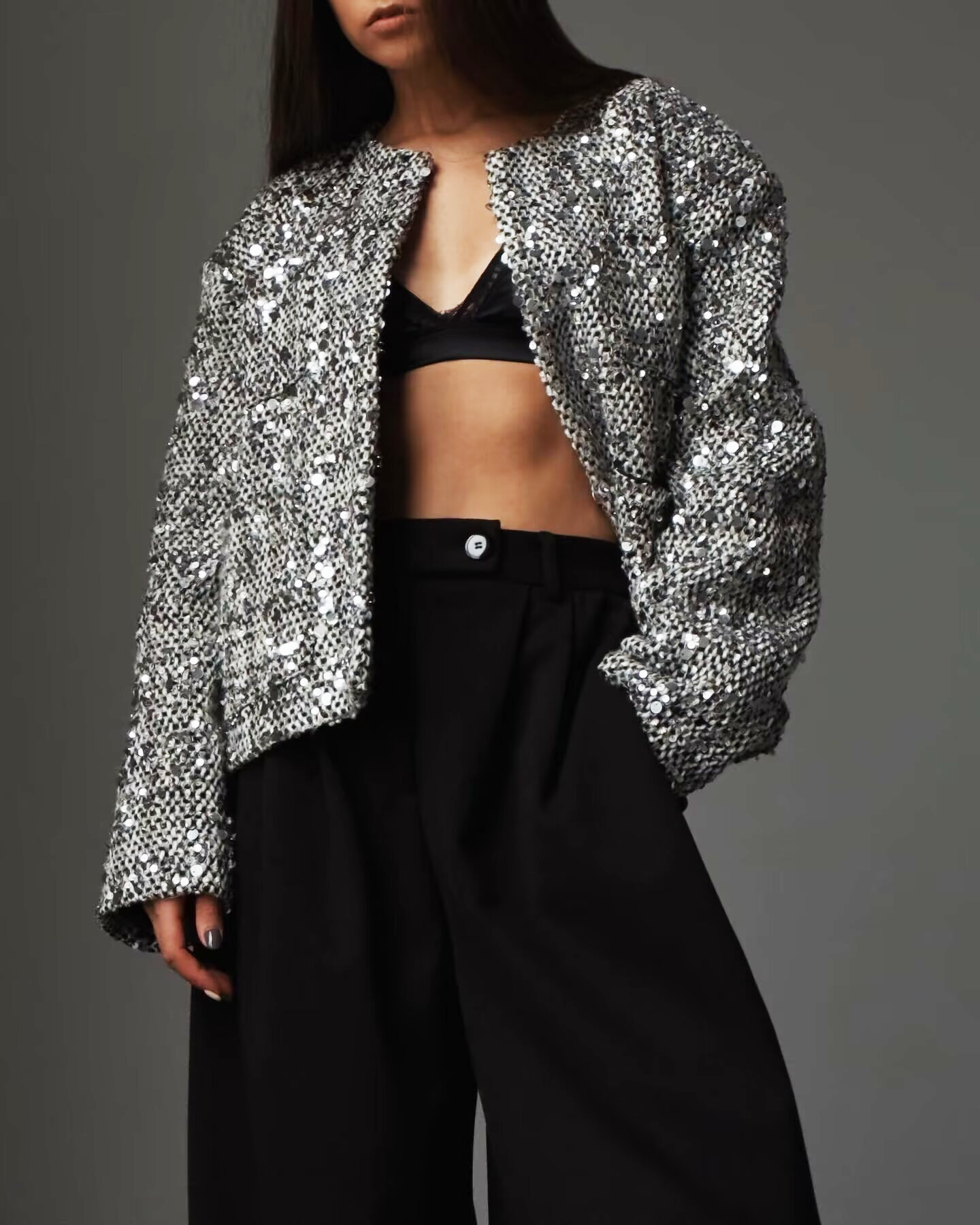 Women's Tweed Woolen Sequined Jacket