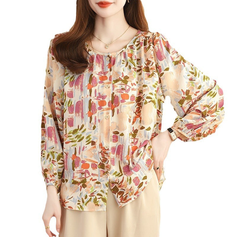 Real Shot French Style Vintage Floral Nine-quarter Sleeve Shirt For Women