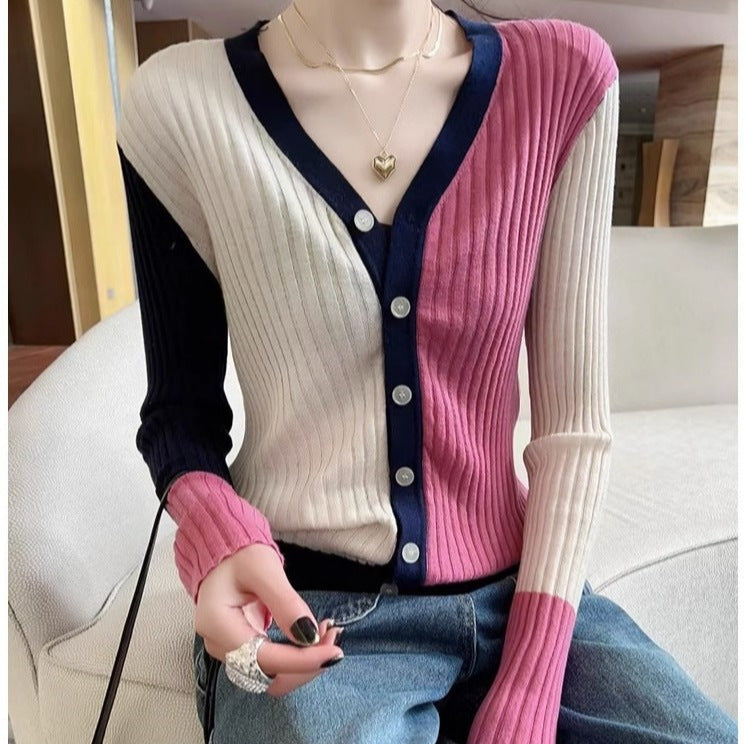 Fashion Special Multicolor V-neck Knitted Cardigan Women