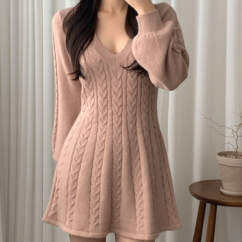 Waisted Small Lantern Sleeve Sweater Dress