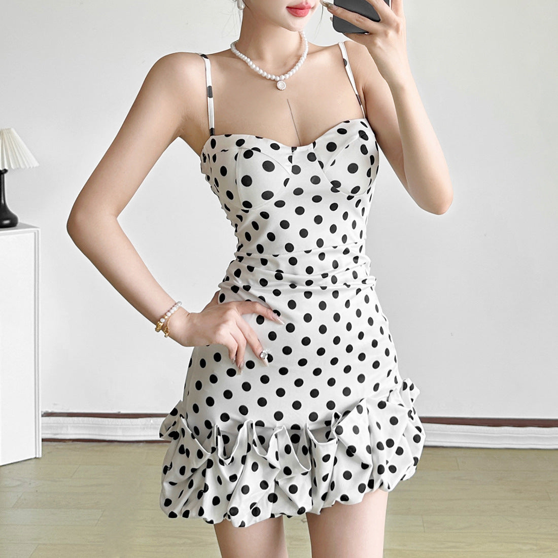 Women's Polka Dot Brace Waist Slim Fit Dress