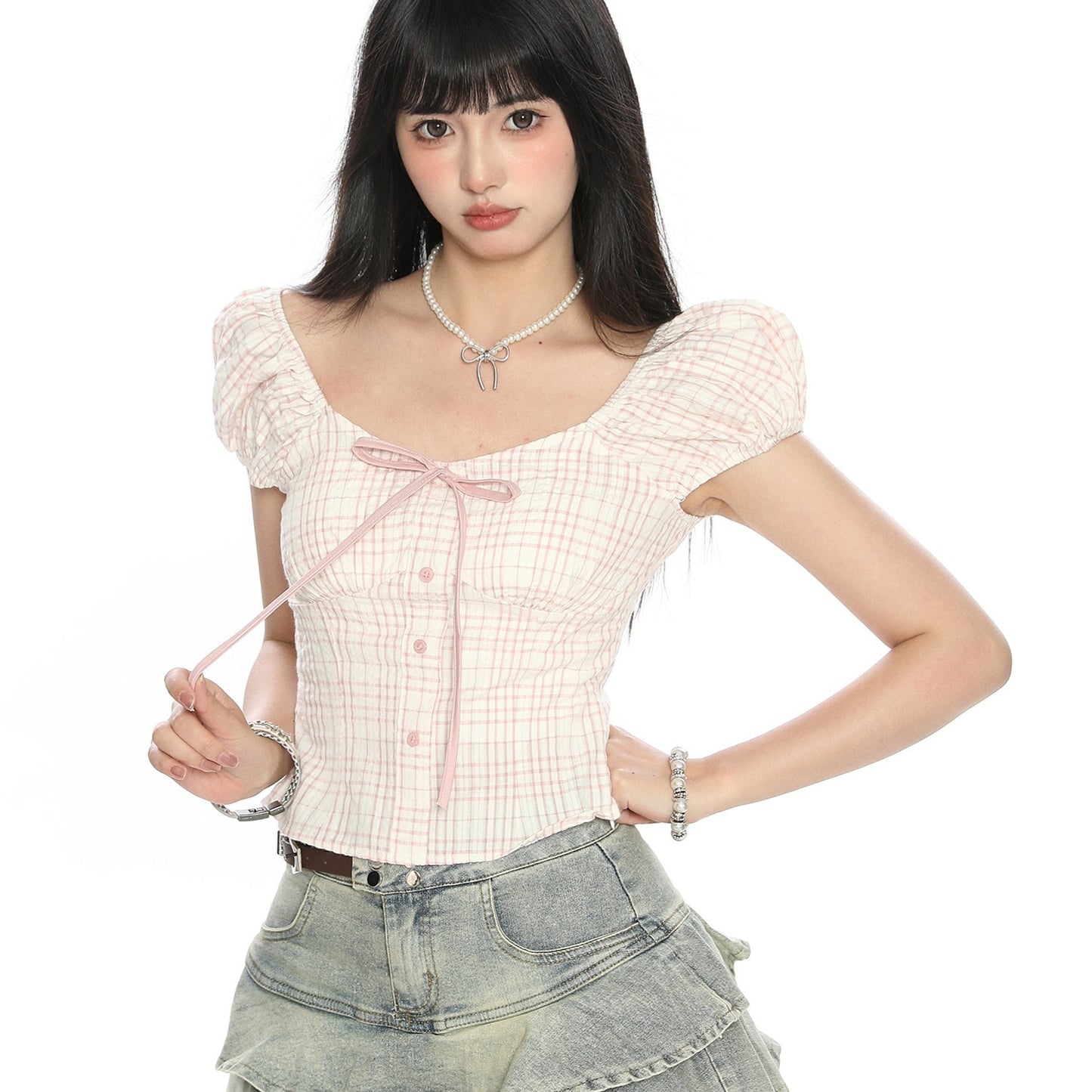 Women's Puff Sleeve Bow Bandage Short-sleeved T-shirt