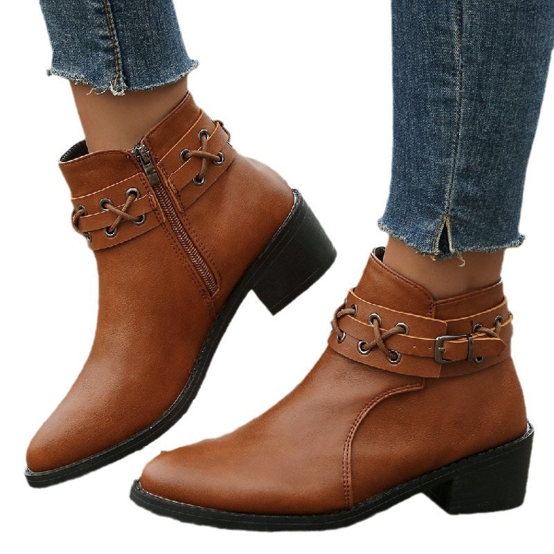 Women's Ankle Pointed-toe Side Zip Thick Heel Rivet Leather Boots