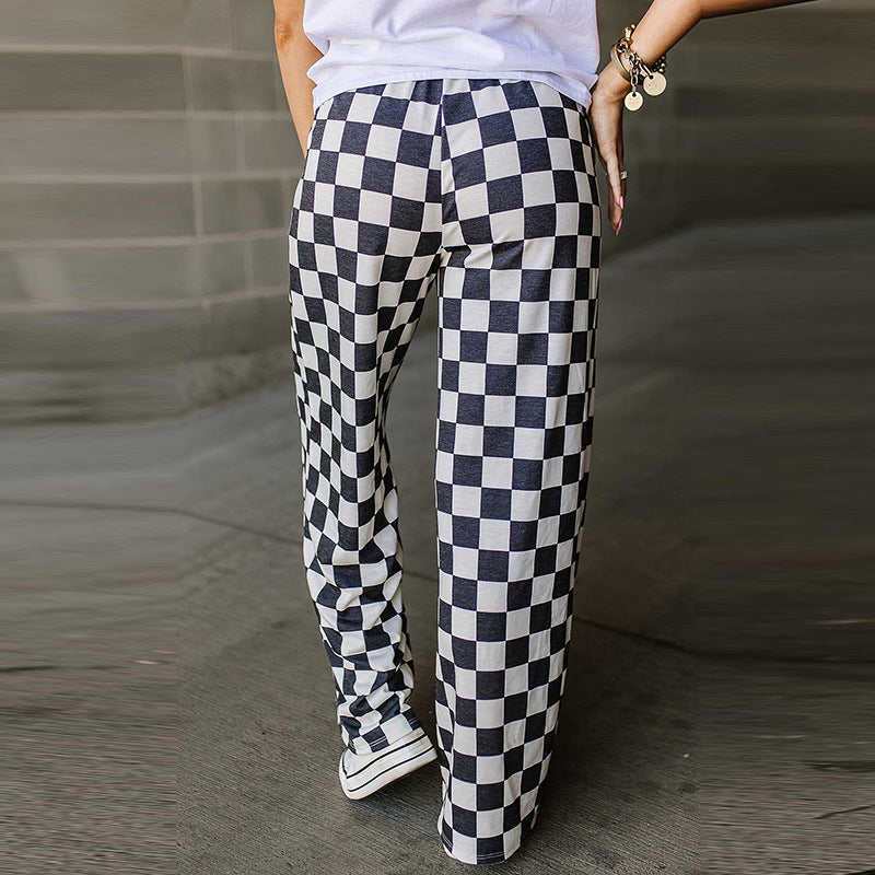 Spring New Chessboard Plaid Printed Casual All-match Loose Wide-leg Pants