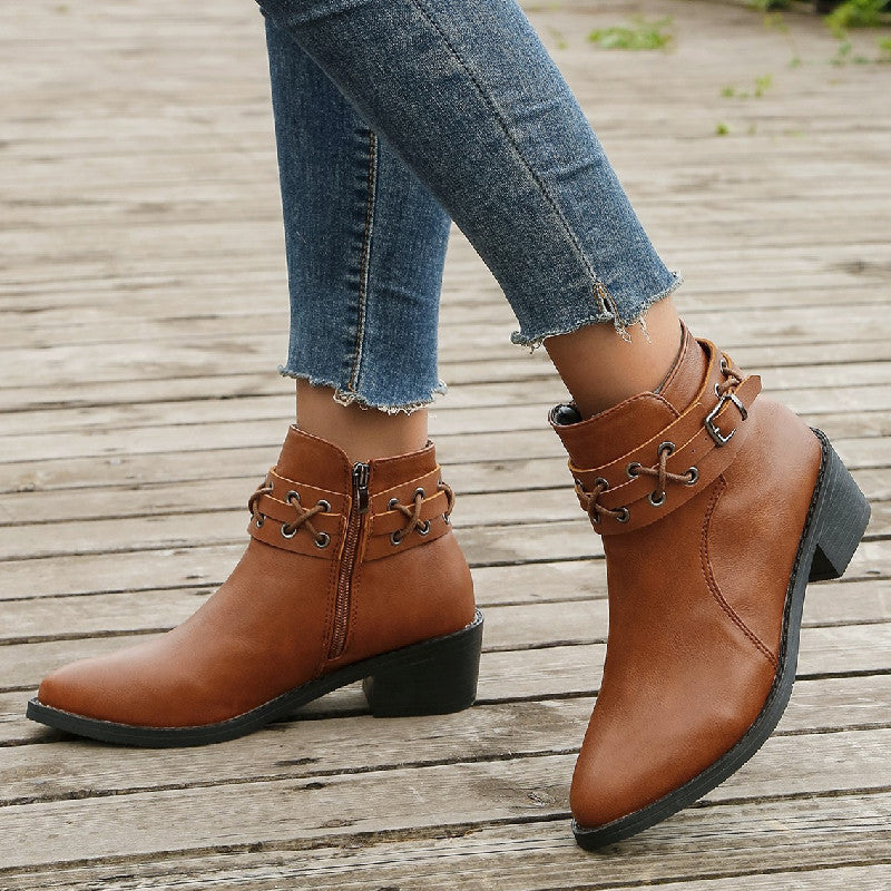 Women's Ankle Pointed-toe Side Zip Thick Heel Rivet Leather Boots
