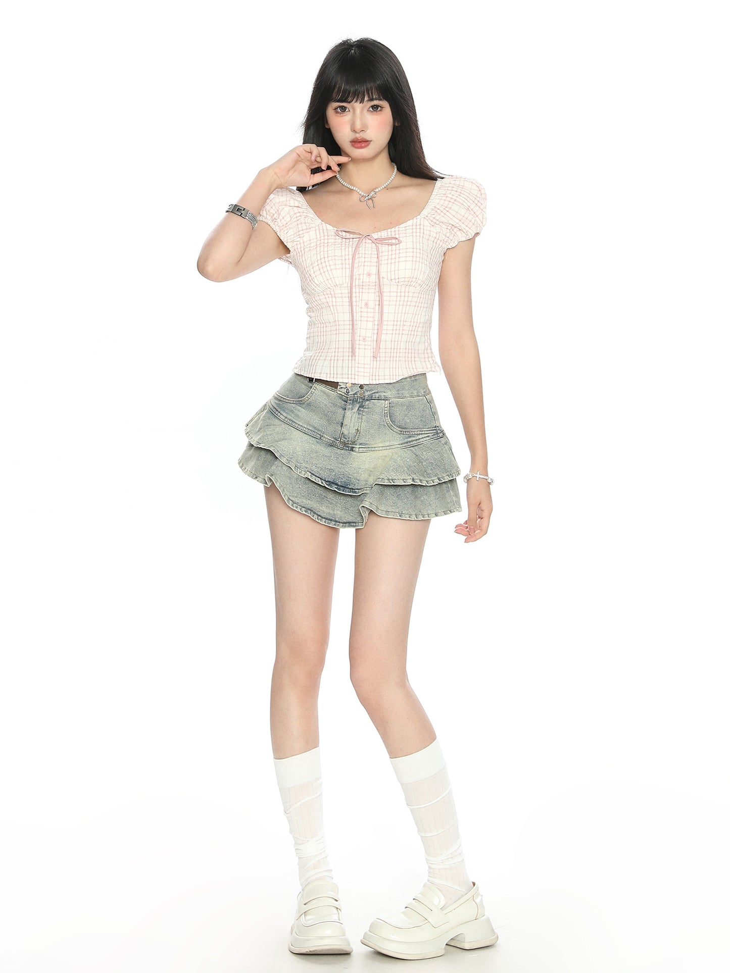 Women's Puff Sleeve Bow Bandage Short-sleeved T-shirt
