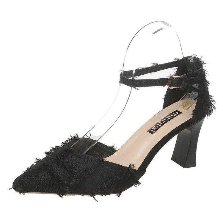 Pointed Toe Sandals With Thick Heel Buckle