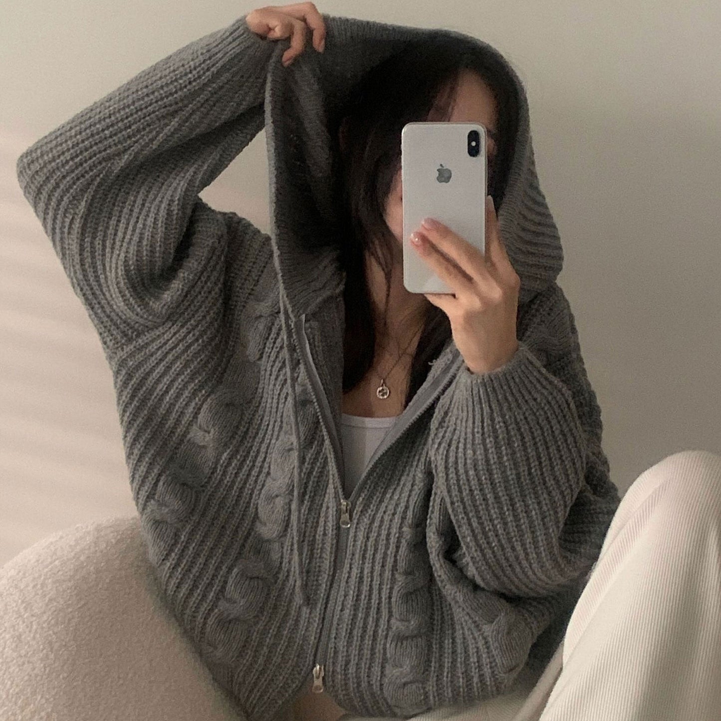 Hooded Long Sleeve Knitted Sweater Cardigan Coat Women