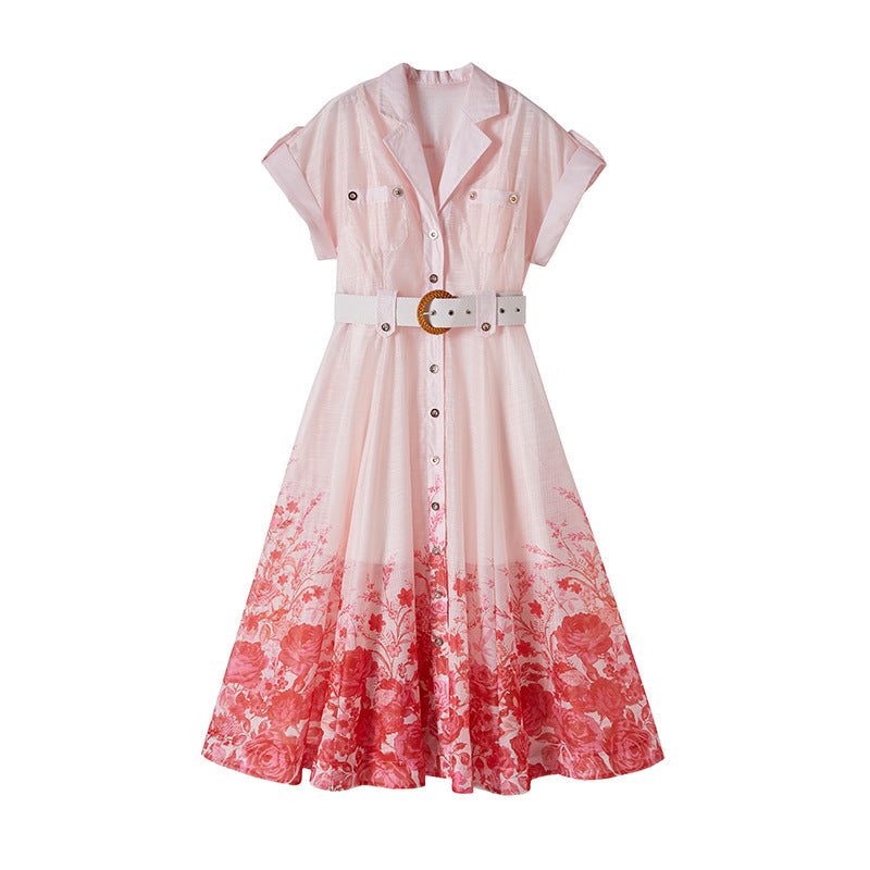 Seaside Vacation Style French Blouse Collar Printed Dress