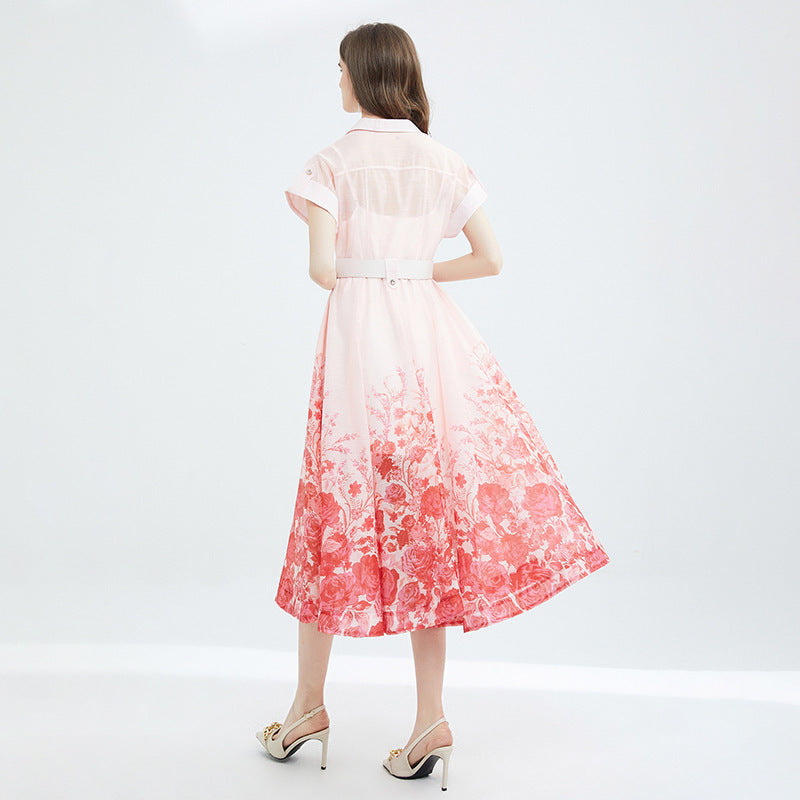 Seaside Vacation Style French Blouse Collar Printed Dress