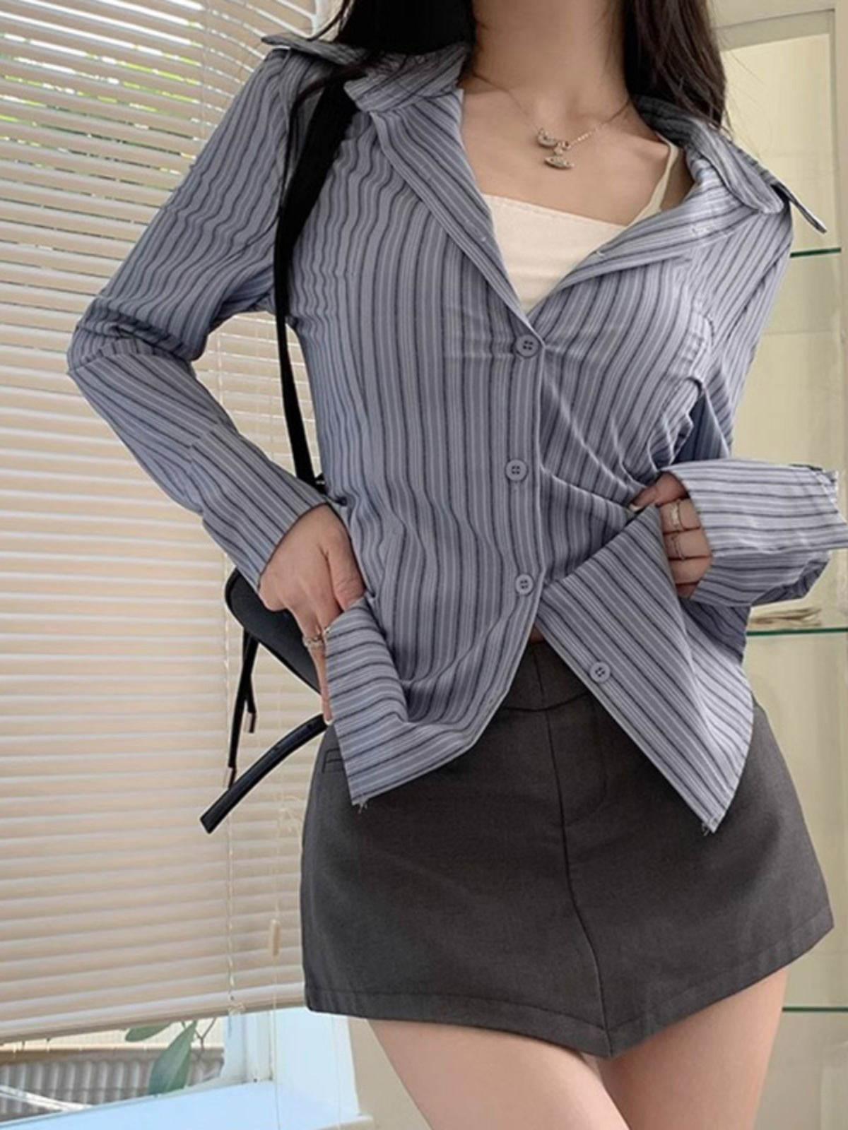 Blue With Long Sleeves Striped Shirt