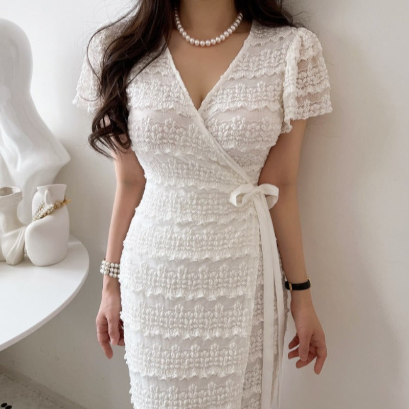 One-piece Lace Crochet Flying Sleeves Dress Female Summer Elegance V-neck