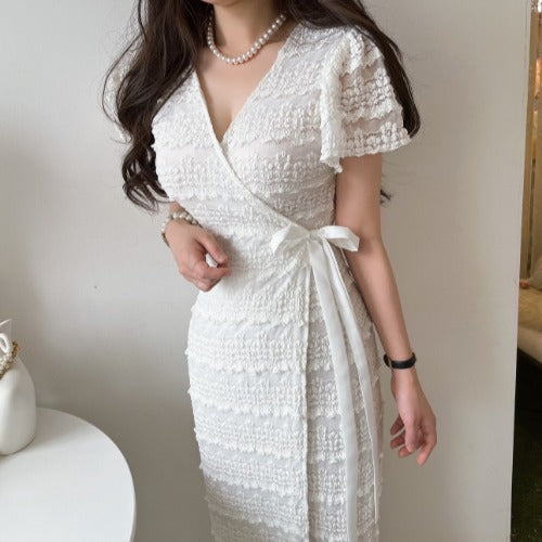 One-piece Lace Crochet Flying Sleeves Dress Female Summer Elegance V-neck