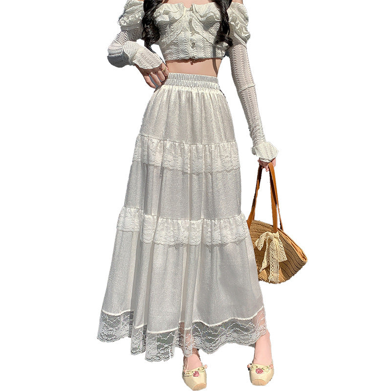 French Style Gentle Ruffled Lace Stitching Tiered Skirt