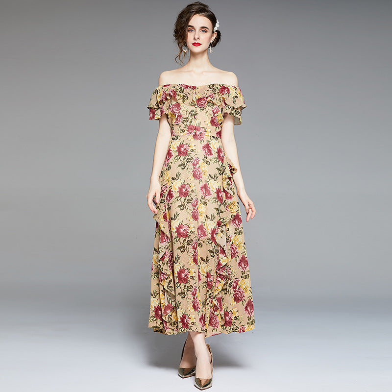 V-neck Flounce Short Sleeve High Waist Tight Waist Wide Hem Printed Long Dress