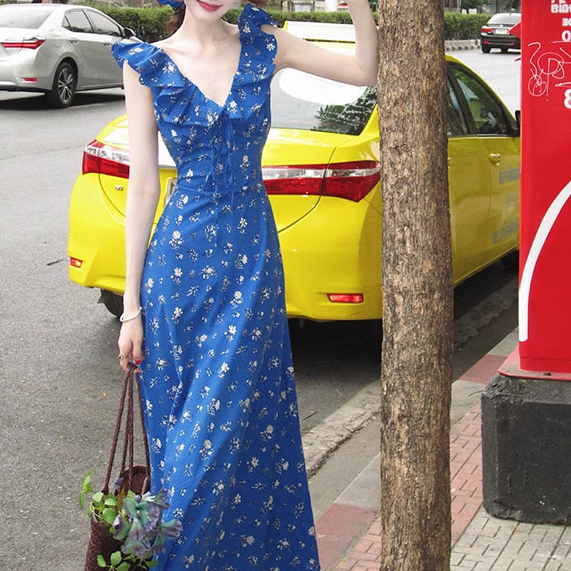 Klein Blue White Romantic Floral Tie-neck Dress
