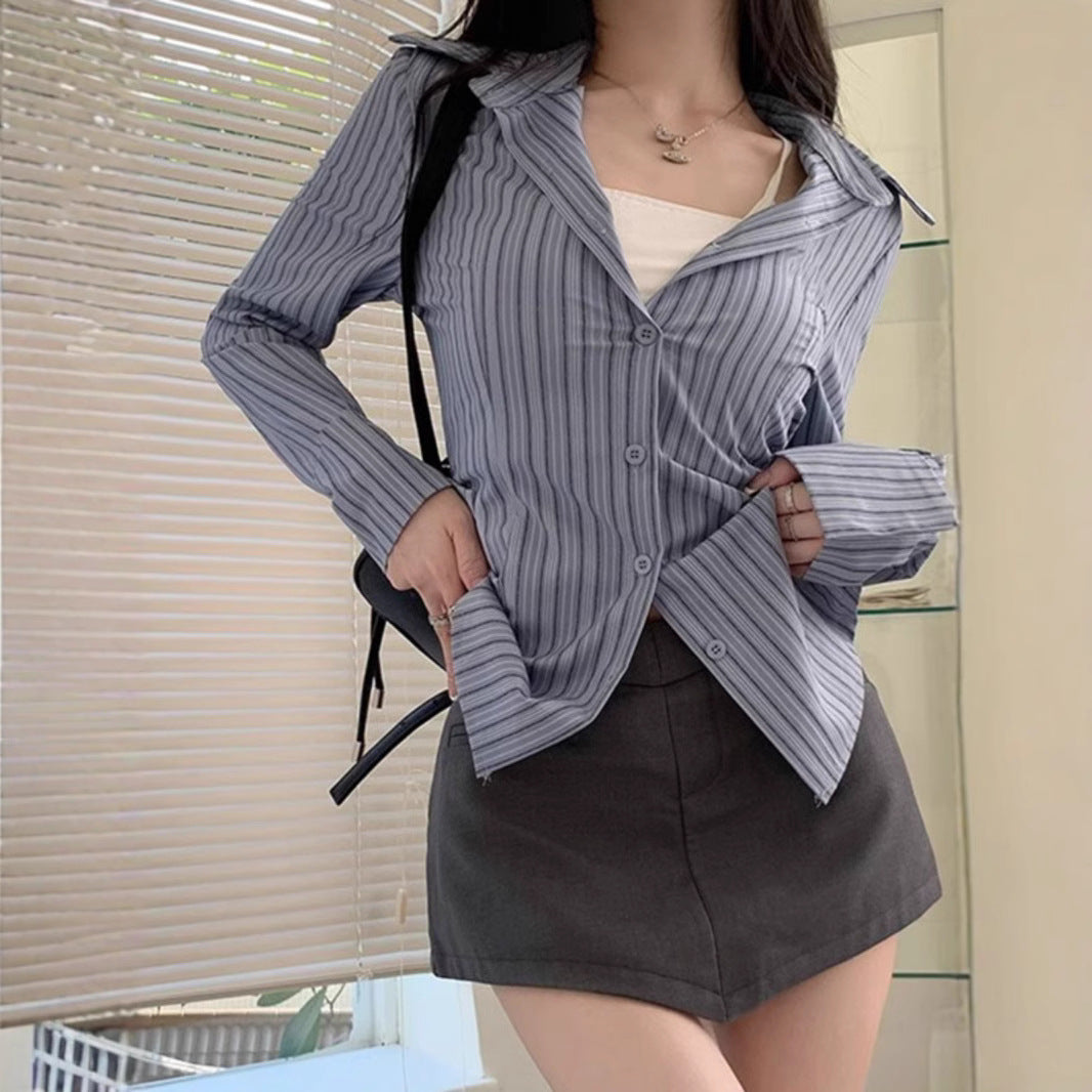 Blue With Long Sleeves Striped Shirt