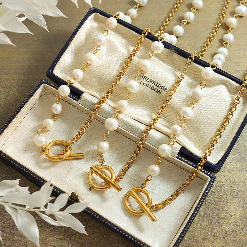 Retro Affordable Luxury Freshwater Pearl OT Buckle Bracelet Necklace