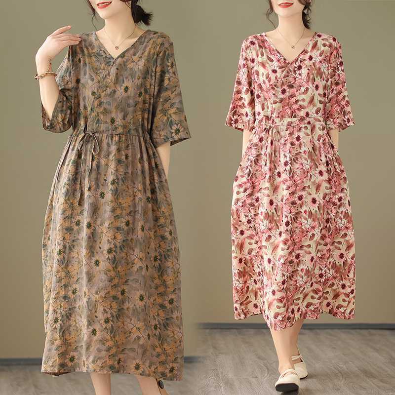 V-neck Half Sleeve Ethnic Print Summer Dress