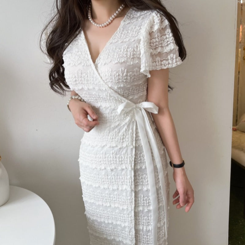 One-piece Lace Crochet Flying Sleeves Dress Female Summer Elegance V-neck