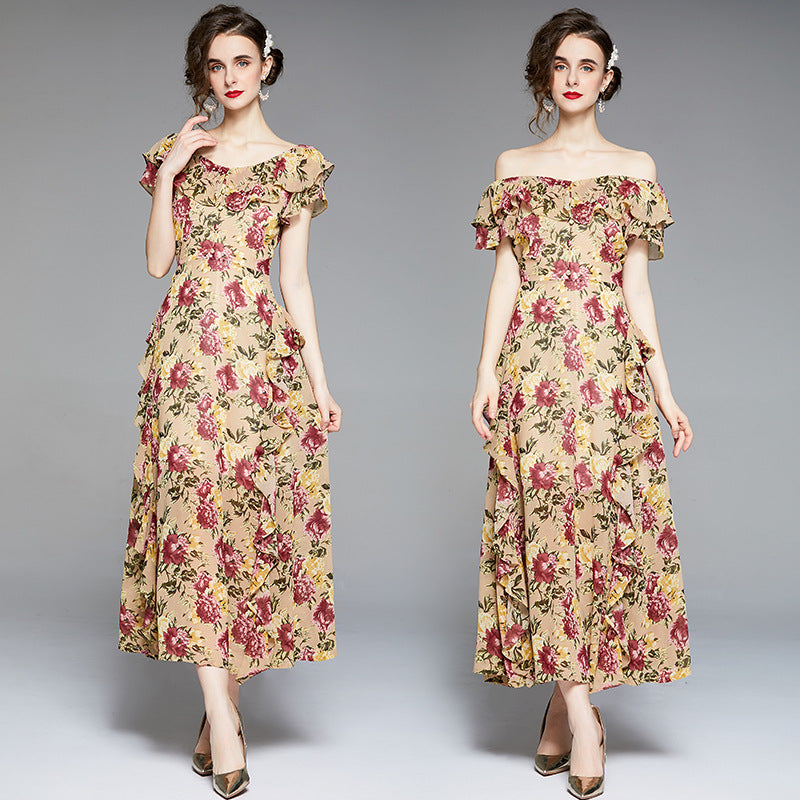 V-neck Flounce Short Sleeve High Waist Tight Waist Wide Hem Printed Long Dress