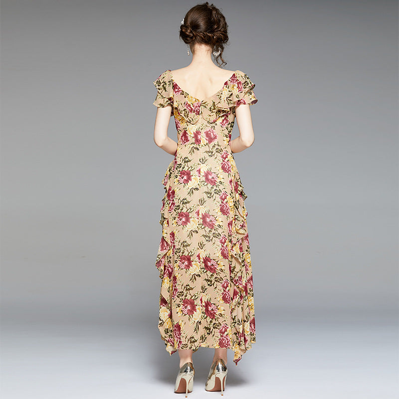 V-neck Flounce Short Sleeve High Waist Tight Waist Wide Hem Printed Long Dress