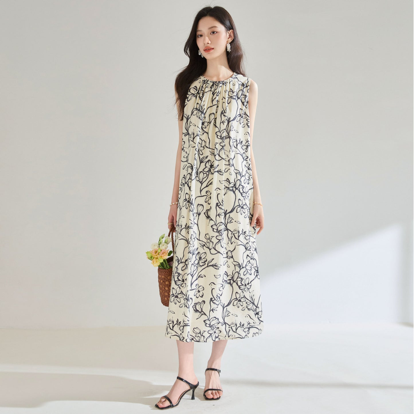 Printed Loose Round Neck Vacation Style Sleeveless Dress