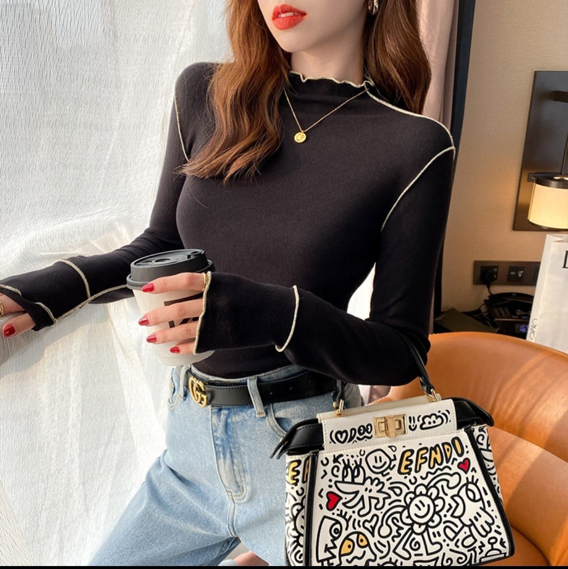 Half Turtleneck Wooden Ear Sweet Spicy Long-sleeved T-shirt Top For Women
