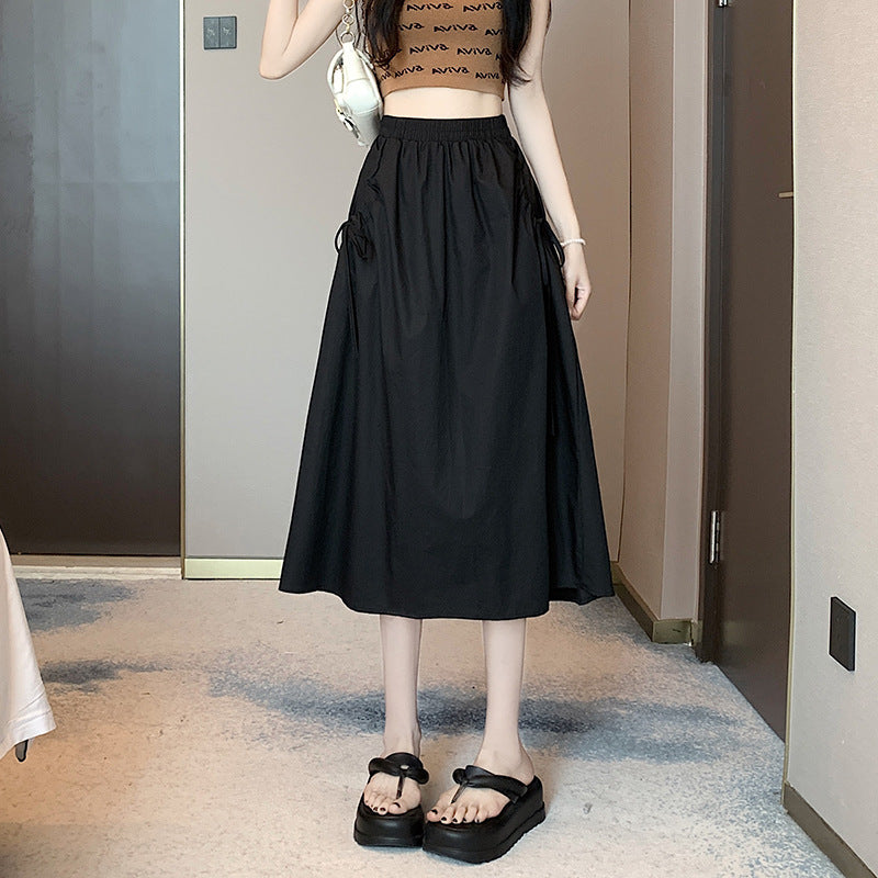 Elastic Waist Pure Color Tied Drawstring Pocket Large Swing Skirt Mid-length French Cotton Suit Skirt