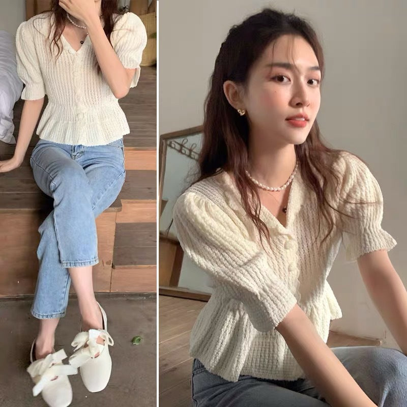 Gentle Romantic Lapel Puff Sleeve Slim Chic Top Crocheted Button Knitted Sweater Cardigan For Women